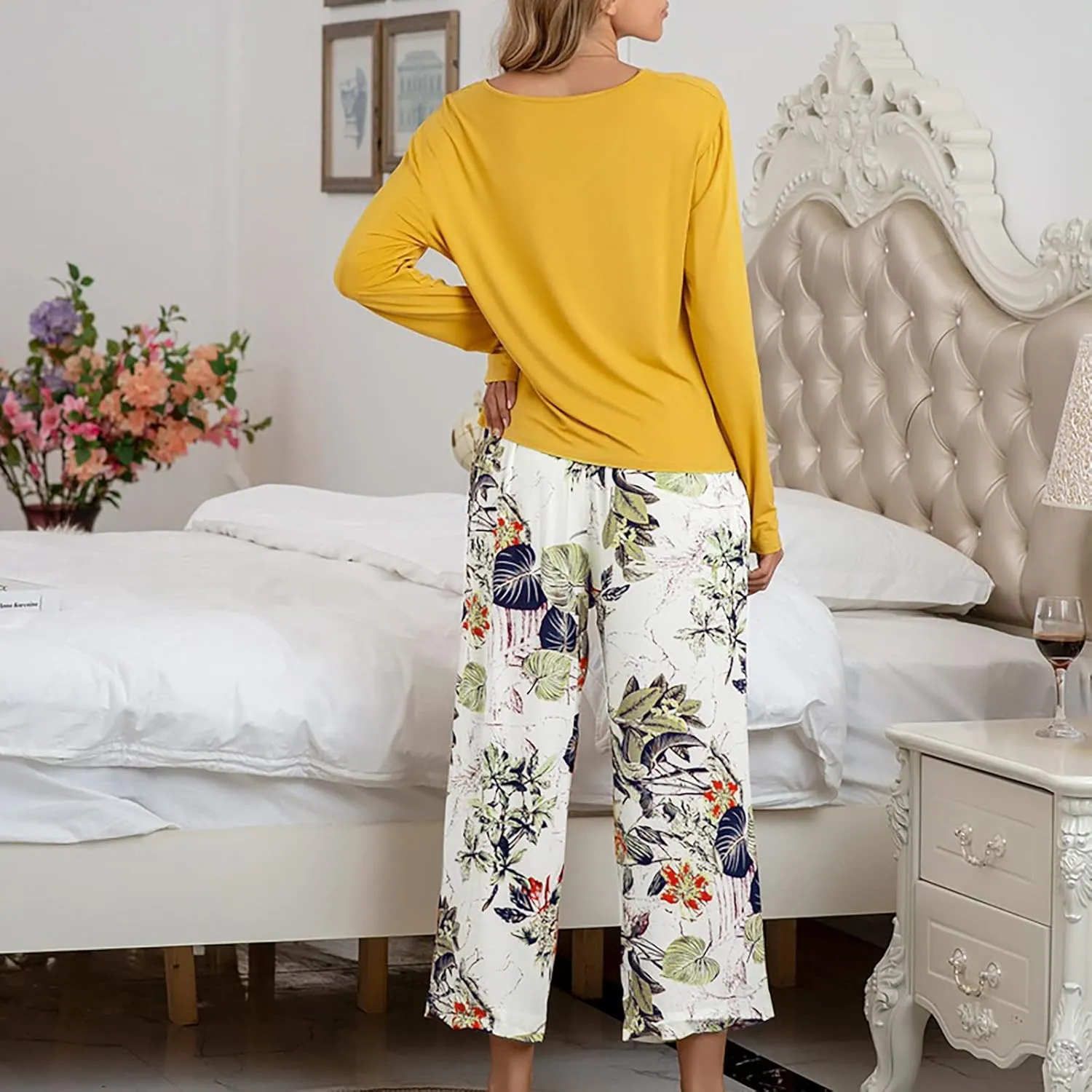 MBWTRP Women's Pajama Sets Plaid Checked Loungewear Set Long Sleeve Cotton Top and Pants Floral Printed Sleepwear for Ladies