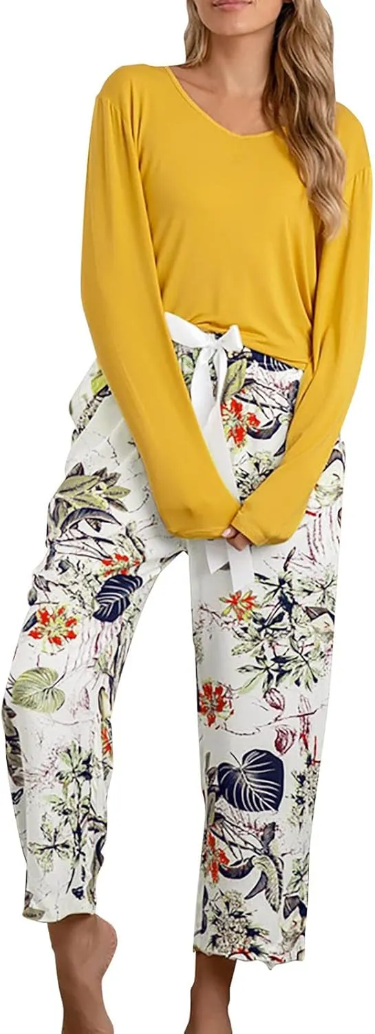 MBWTRP Women's Pajama Sets Plaid Checked Loungewear Set Long Sleeve Cotton Top and Pants Floral Printed Sleepwear for Ladies