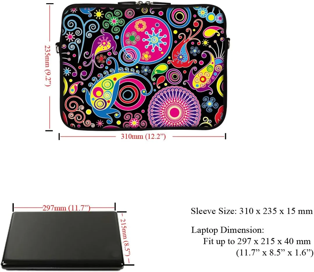 Meffort Inc 12 Inch Neoprene Laptop Sleeve Bag - Water Resistant, Hidden Handle, Adjustable Shoulder Strap, Dual Zipper, Fits Up to 11.6 - 12" Laptops - Arts Design