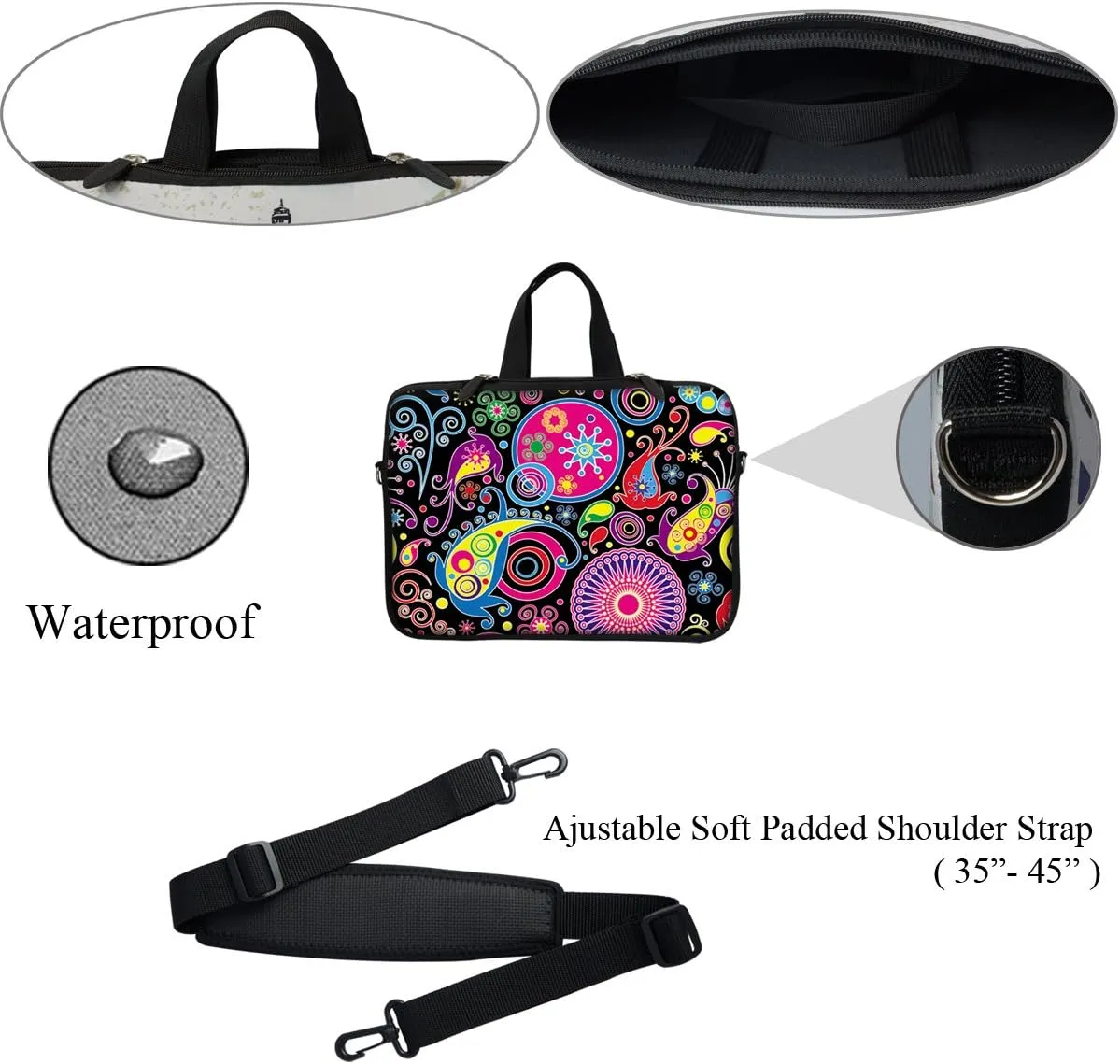 Meffort Inc 12 Inch Neoprene Laptop Sleeve Bag - Water Resistant, Hidden Handle, Adjustable Shoulder Strap, Dual Zipper, Fits Up to 11.6 - 12" Laptops - Arts Design