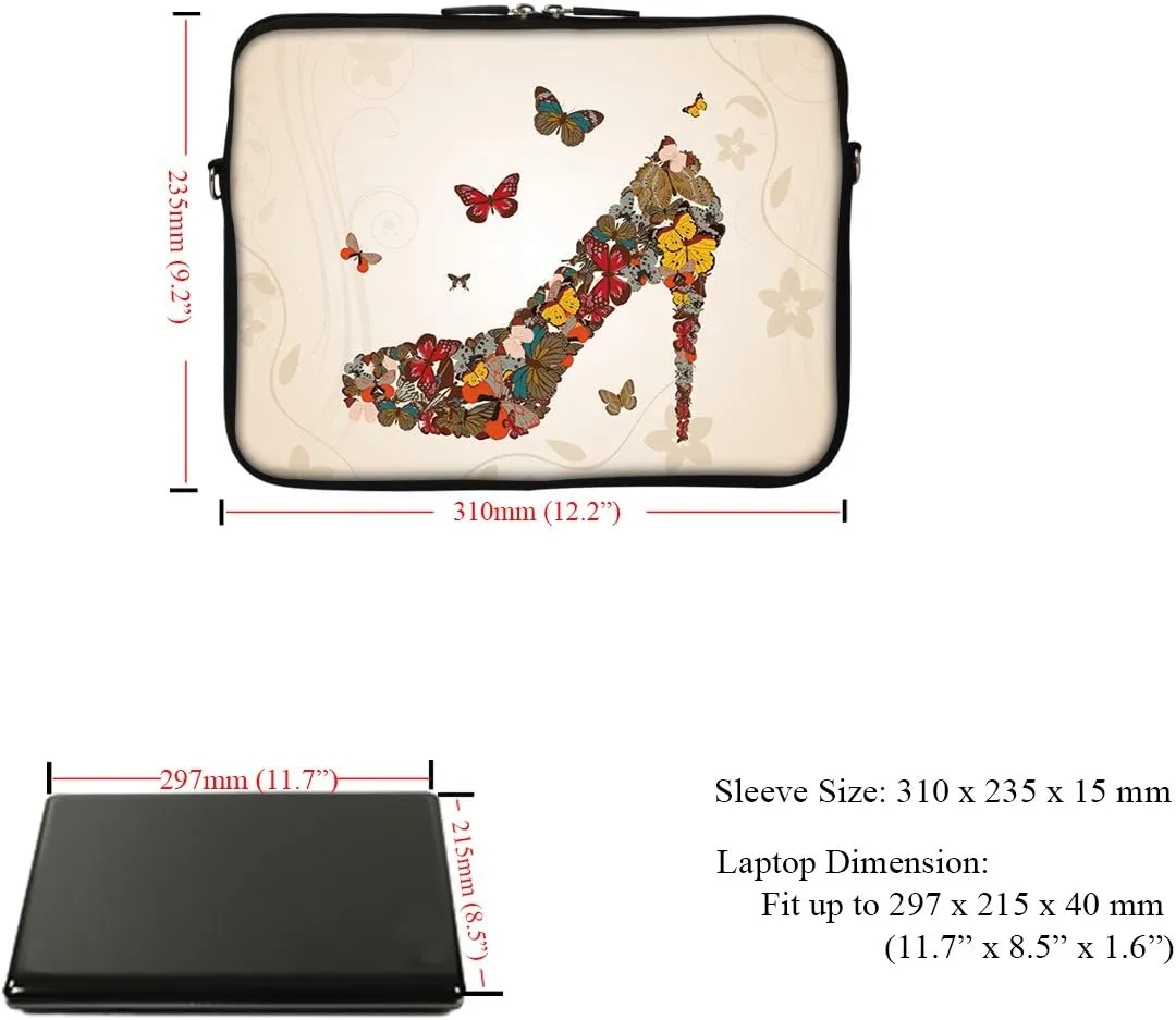 Meffort Inc 12 Inch Neoprene Laptop Sleeve Bag - Water Resistant, Hidden Handle, Adjustable Shoulder Strap, Dual Zipper, Fits Up to 11.6 - 12" Laptops - Butterfly High Heel