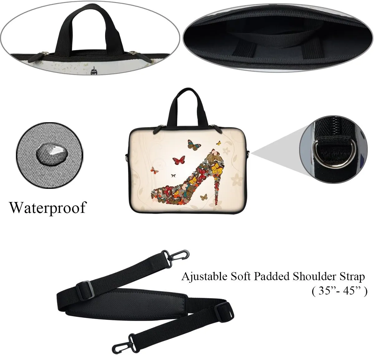 Meffort Inc 12 Inch Neoprene Laptop Sleeve Bag - Water Resistant, Hidden Handle, Adjustable Shoulder Strap, Dual Zipper, Fits Up to 11.6 - 12" Laptops - Butterfly High Heel
