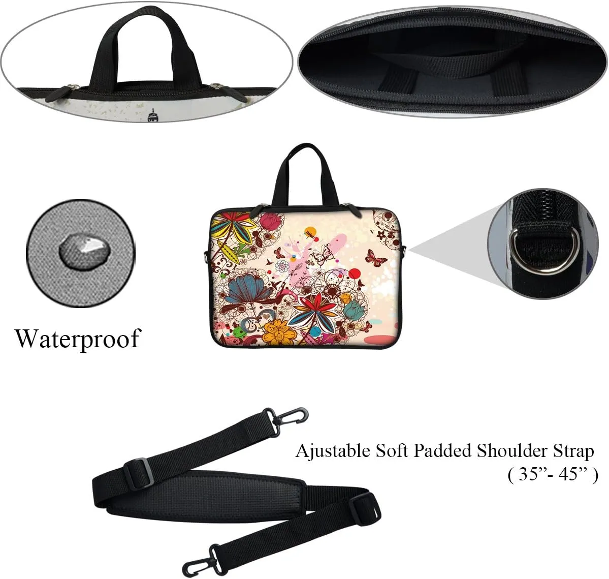 Meffort Inc 12 Inch Neoprene Laptop Sleeve Bag - Water Resistant, Hidden Handle, Adjustable Shoulder Strap, Dual Zipper, Fits Up to 11.6 12" Laptops - Colorful Flowers