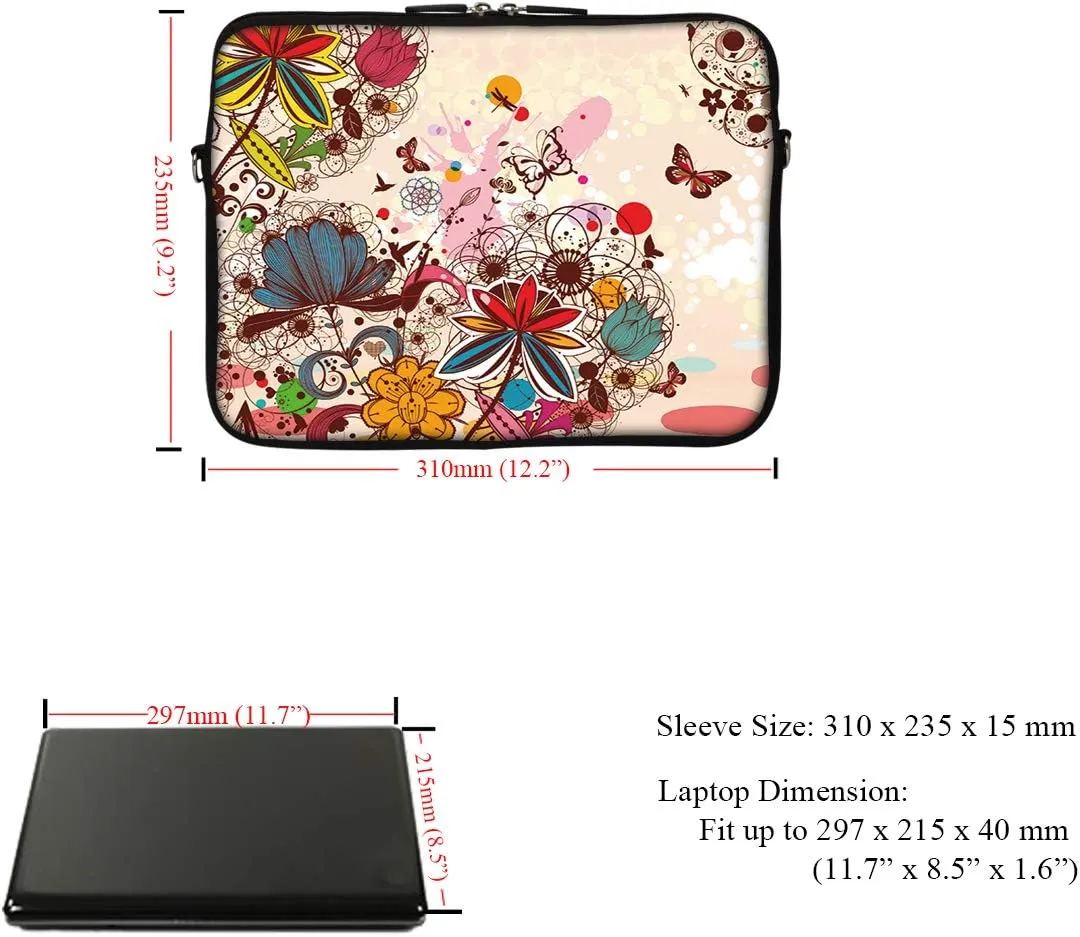 Meffort Inc 12 Inch Neoprene Laptop Sleeve Bag - Water Resistant, Hidden Handle, Adjustable Shoulder Strap, Dual Zipper, Fits Up to 11.6 12" Laptops - Colorful Flowers