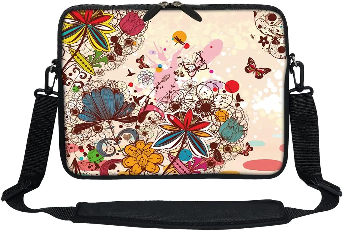 Meffort Inc 12 Inch Neoprene Laptop Sleeve Bag - Water Resistant, Hidden Handle, Adjustable Shoulder Strap, Dual Zipper, Fits Up to 11.6 12" Laptops - Colorful Flowers