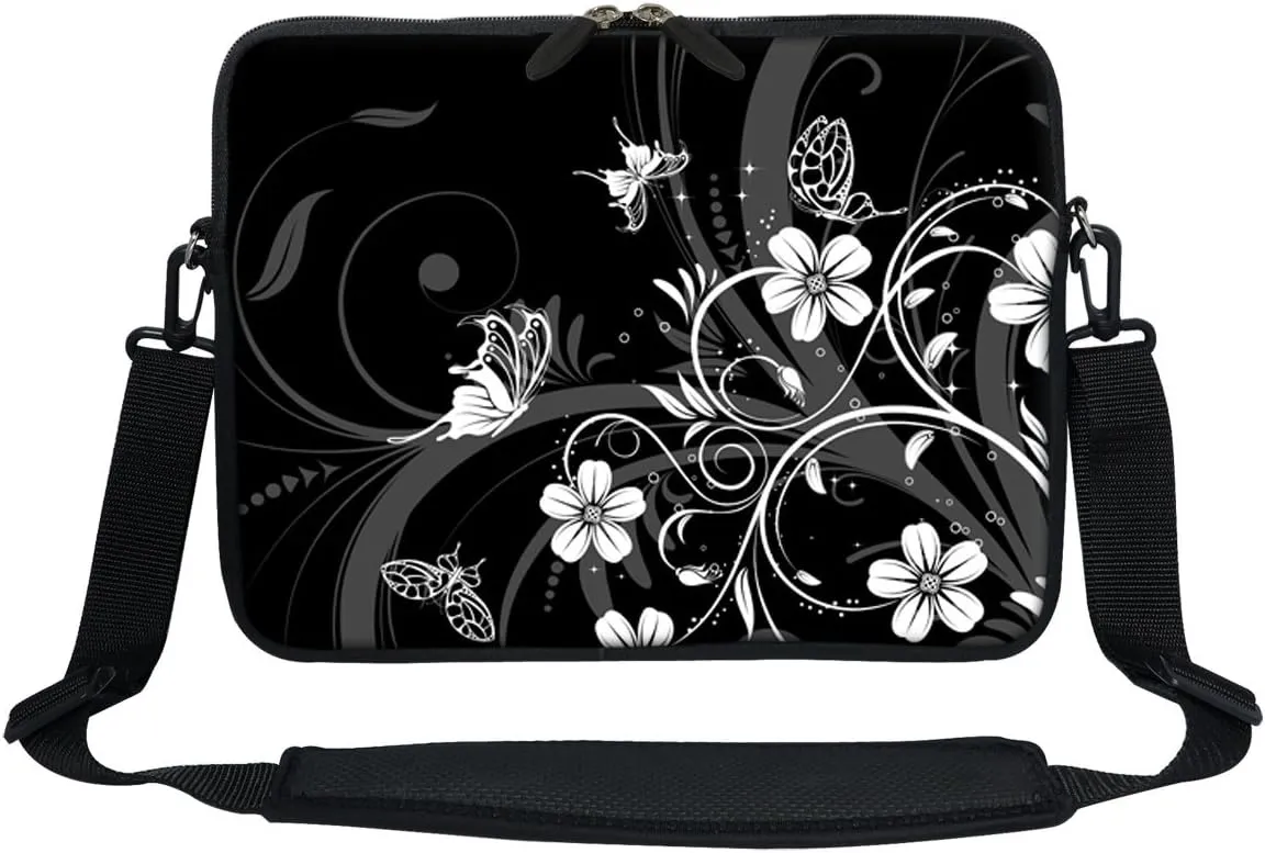 Meffort Inc 12 Inch Neoprene Laptop Sleeve Bag - Water Resistant, Hidden Handle, Adjustable Shoulder Strap, Dual Zipper, Fits Up to 11.6 - 12" Laptops - Flower Butterfly