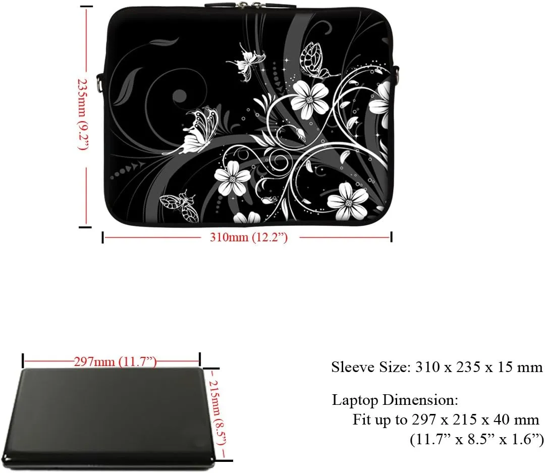 Meffort Inc 12 Inch Neoprene Laptop Sleeve Bag - Water Resistant, Hidden Handle, Adjustable Shoulder Strap, Dual Zipper, Fits Up to 11.6 - 12" Laptops - Flower Butterfly