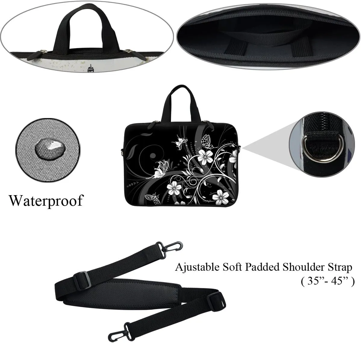 Meffort Inc 12 Inch Neoprene Laptop Sleeve Bag - Water Resistant, Hidden Handle, Adjustable Shoulder Strap, Dual Zipper, Fits Up to 11.6 - 12" Laptops - Flower Butterfly