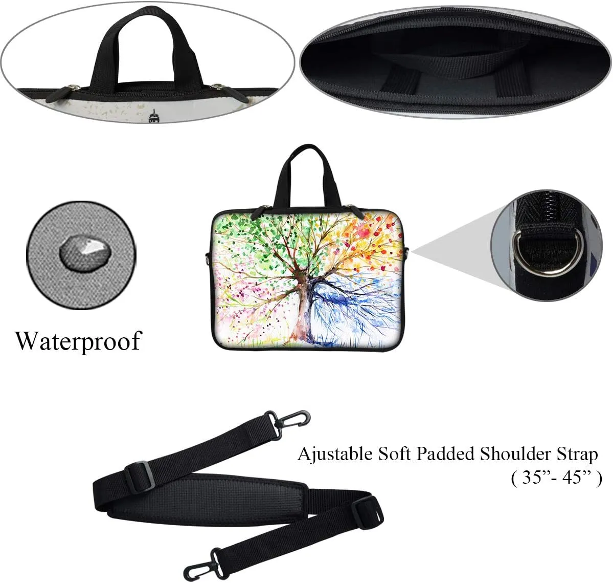 Meffort Inc 12 Inch Neoprene Laptop Sleeve Bag - Water Resistant, Hidden Handle, Adjustable Shoulder Strap, Dual Zipper, Fits Up to 11.6 12" Laptops - Four Seasons Tree