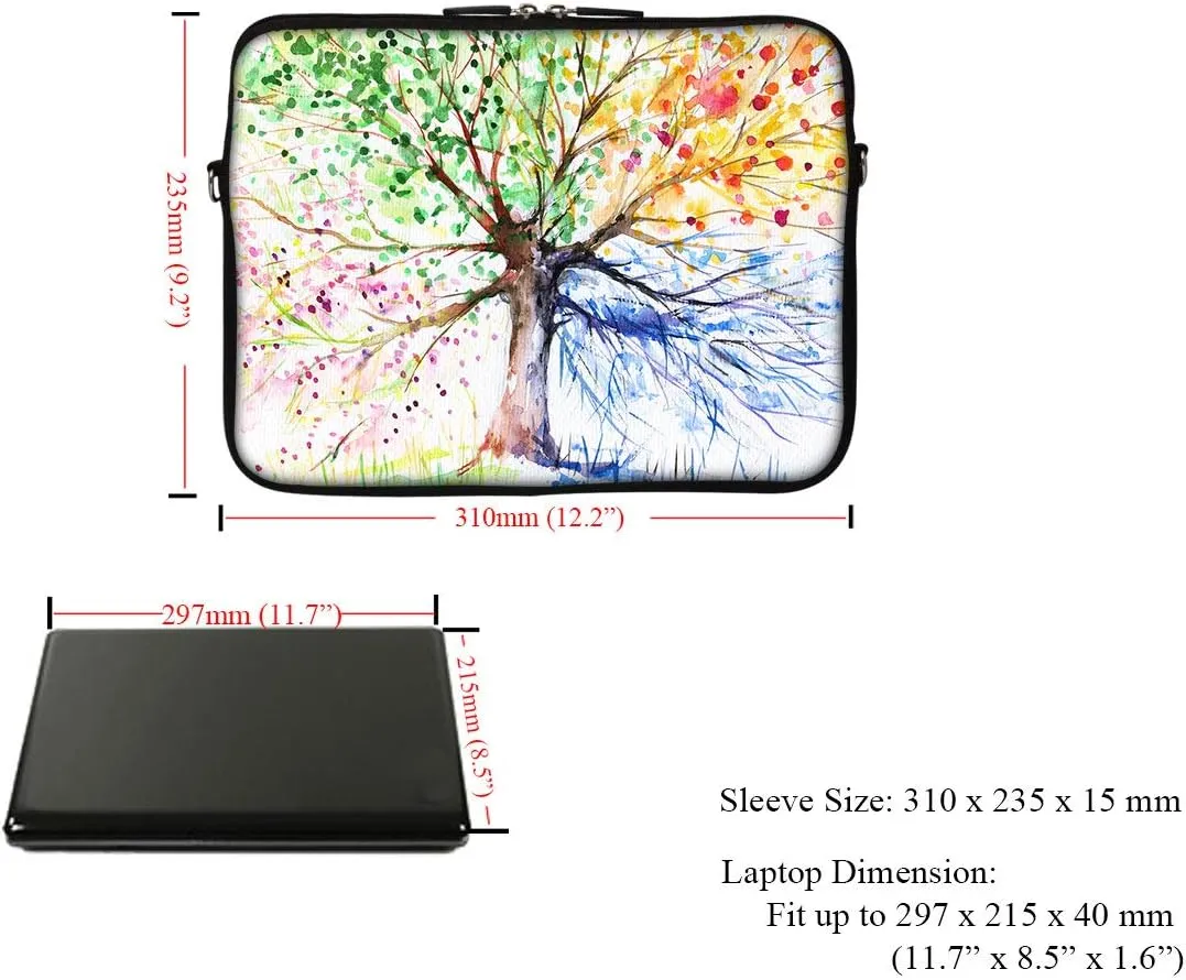 Meffort Inc 12 Inch Neoprene Laptop Sleeve Bag - Water Resistant, Hidden Handle, Adjustable Shoulder Strap, Dual Zipper, Fits Up to 11.6 12" Laptops - Four Seasons Tree