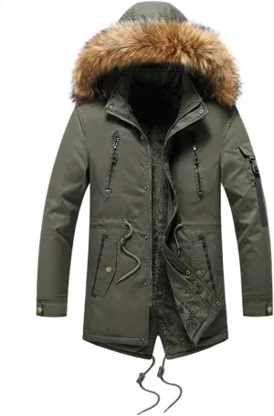 Men Winter Long Parkas Coats,Fur Collar Hooded Cotton Padded Male Velvet Warm Jacket Outdoor Windproof Overcoats