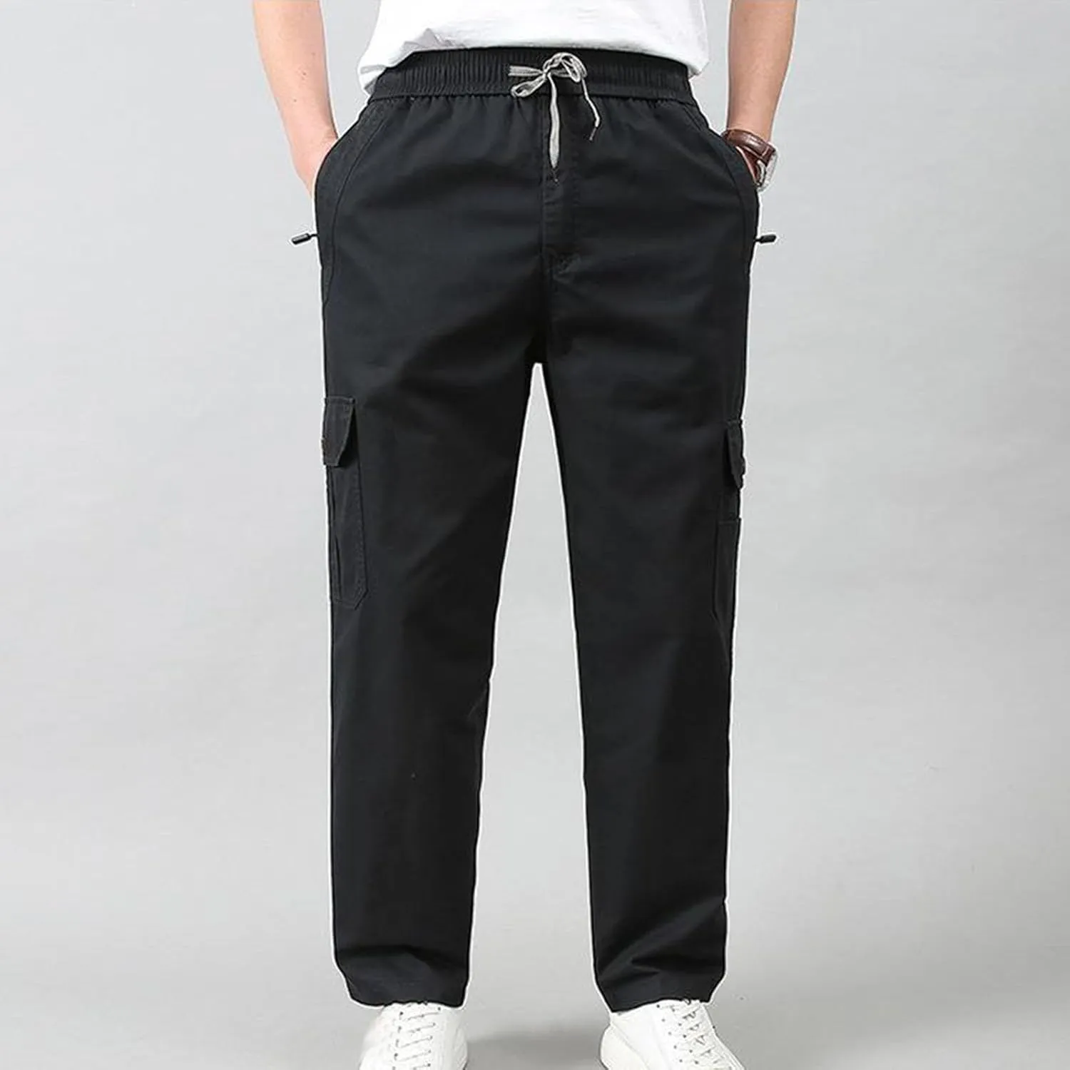 Mens Cargo Pants Casual Relaxed Fit Straight Stretch Waist Sweatpants Drawstring Lightweight Comfy Jogging Hiking Pants