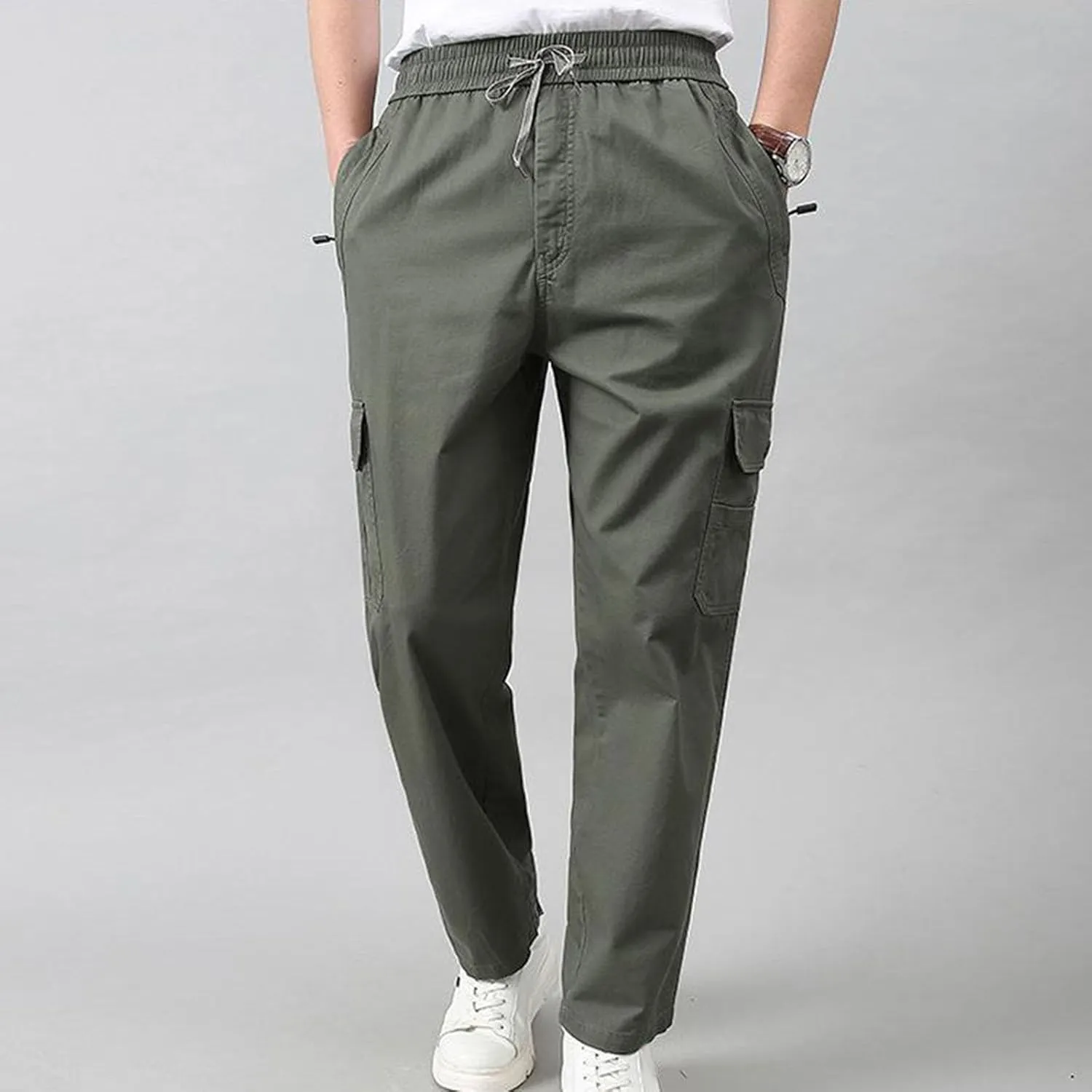 Mens Cargo Pants Casual Relaxed Fit Straight Stretch Waist Sweatpants Drawstring Lightweight Comfy Jogging Hiking Pants