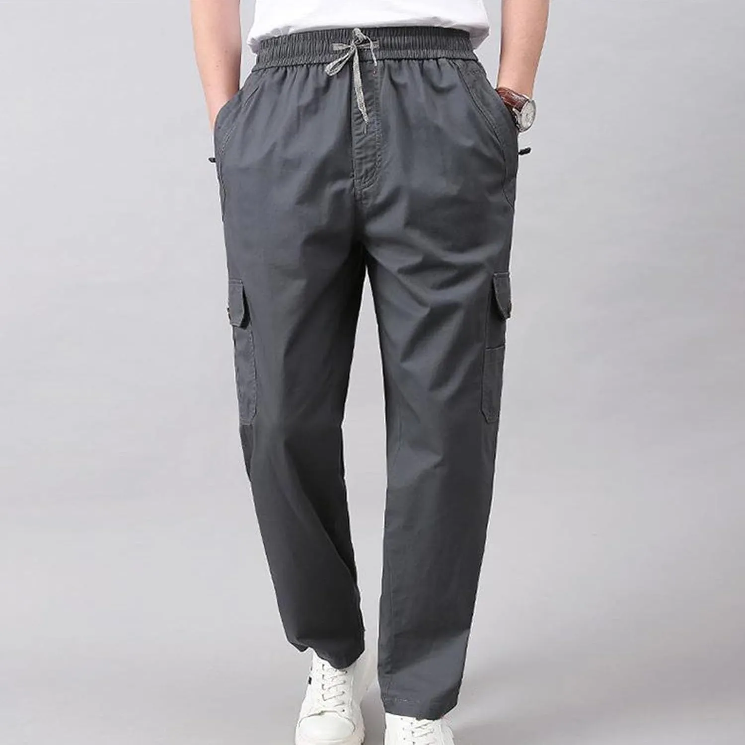 Mens Cargo Pants Casual Relaxed Fit Straight Stretch Waist Sweatpants Drawstring Lightweight Comfy Jogging Hiking Pants
