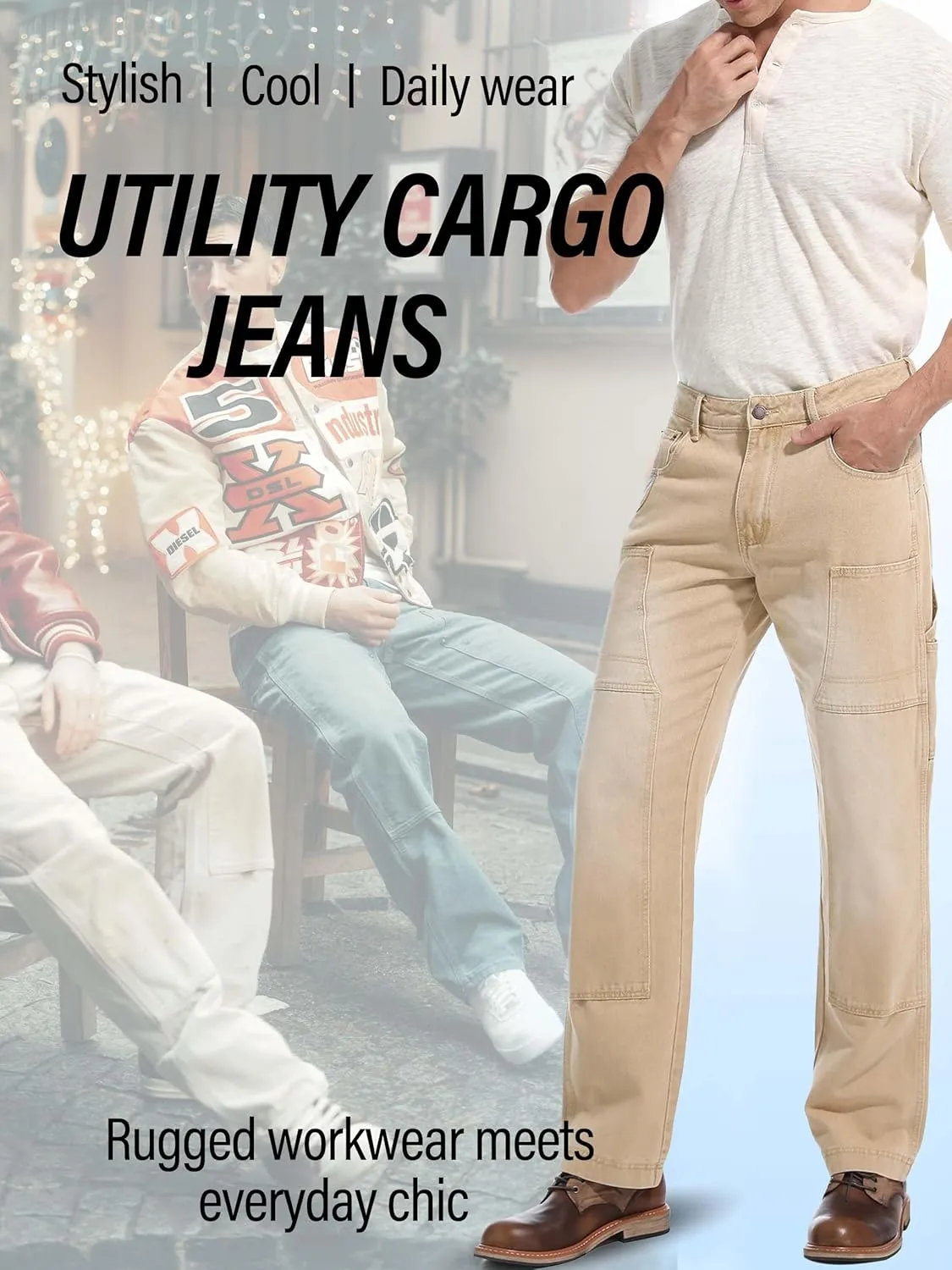 Mens Carpenter Jeans Double Knee Denim Cargo Pants Relaxed Fit