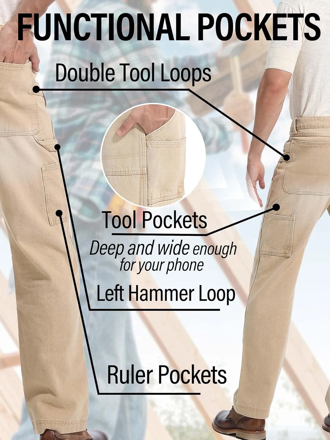 Mens Carpenter Jeans Double Knee Denim Cargo Pants Relaxed Fit