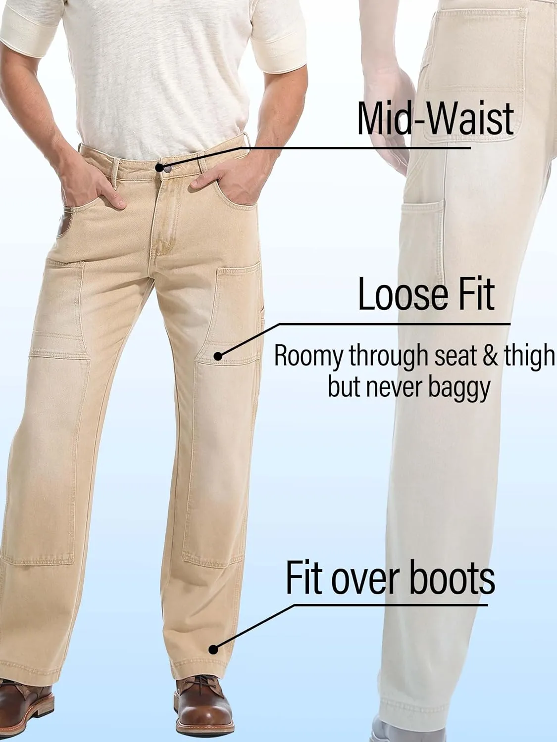 Mens Carpenter Jeans Double Knee Denim Cargo Pants Relaxed Fit