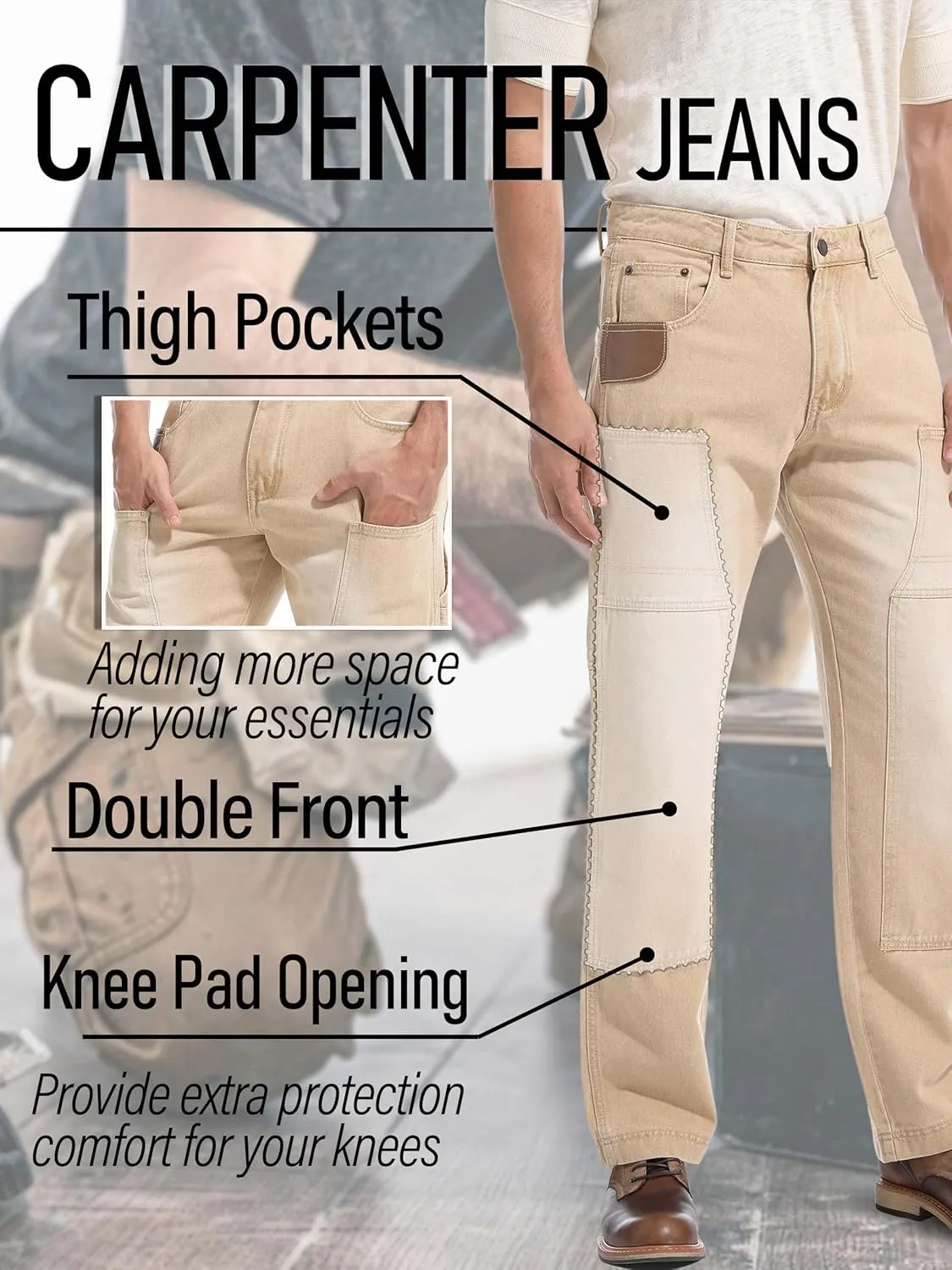 Mens Carpenter Jeans Double Knee Denim Cargo Pants Relaxed Fit