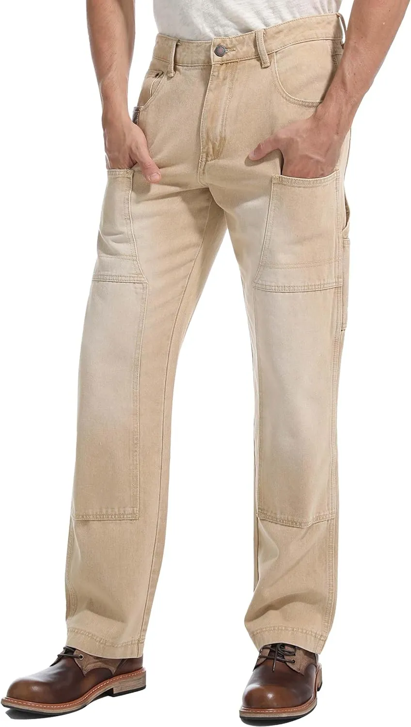Mens Carpenter Jeans Double Knee Denim Cargo Pants Relaxed Fit