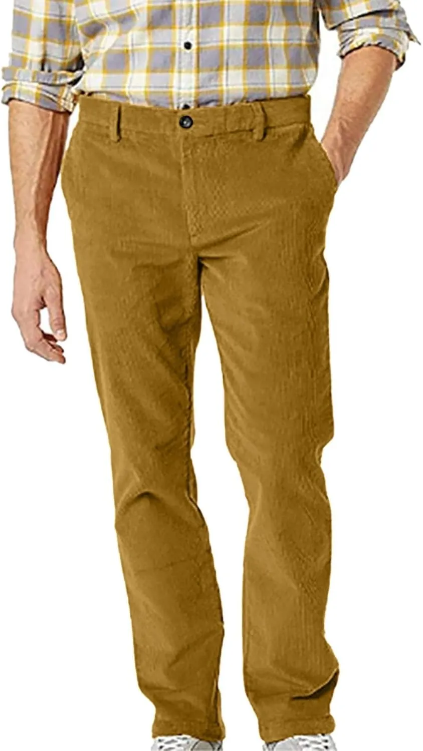 Men's Casual Corduroy Pants Loose Fit Stretch Waist Straight Leg Trousers Lightweight Button Up Plus Size Lounge Pants