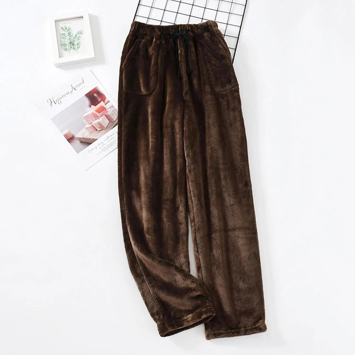 Men's Casual Fleece Pants Relaxed Fit Stretch Waist Thickened Lounge Pants Plus Size Straight Leg Comfy Baggy Trousers