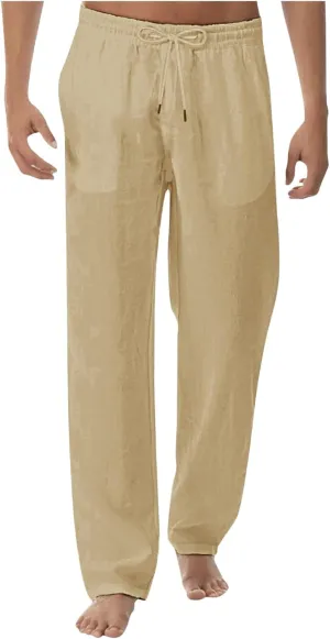 Mens Casual Pants Relaxed Fit Elastic Waist Baggy Linen Pants Lightweight Drawstring Summer Beach Yoga Trousers with Pockets