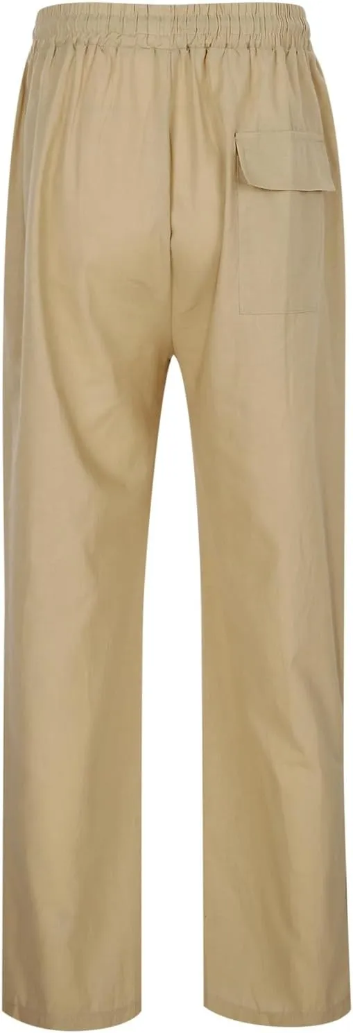 Mens Casual Pants Relaxed Fit Elastic Waist Baggy Linen Pants Lightweight Drawstring Summer Beach Yoga Trousers with Pockets