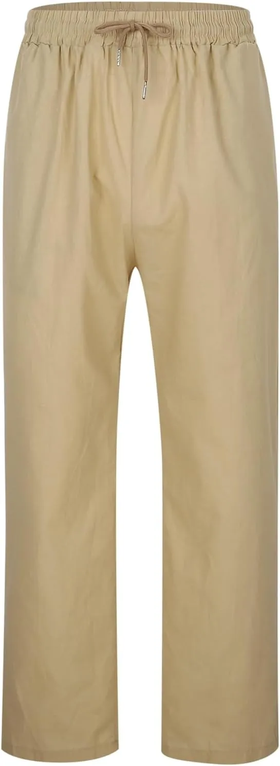 Mens Casual Pants Relaxed Fit Elastic Waist Baggy Linen Pants Lightweight Drawstring Summer Beach Yoga Trousers with Pockets