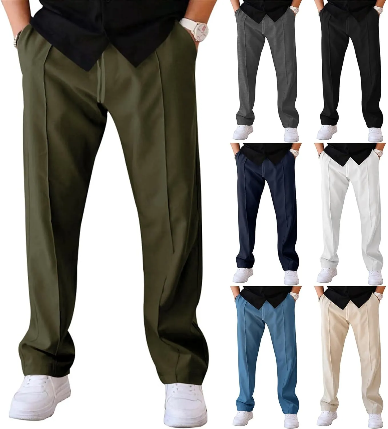 Men's Classic Chino Pants Bottom Sweatpants Cotton Linen Yoga Pants Solid Color Casual Trousers with Pockets