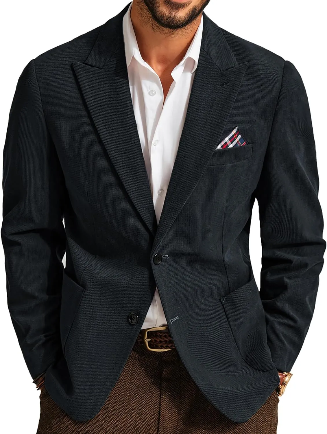 Men's Corduroy Blazer Two Button Formal Blazer for Men Sport Coats with Pockets for Wedding Dark Grey