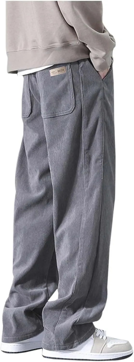 Mens Corduroy Pants Big and Tall Relaxed Fit Straight Wide Leg Pants Plus Size Comfy Spring Joggers Casual Hiking Pants