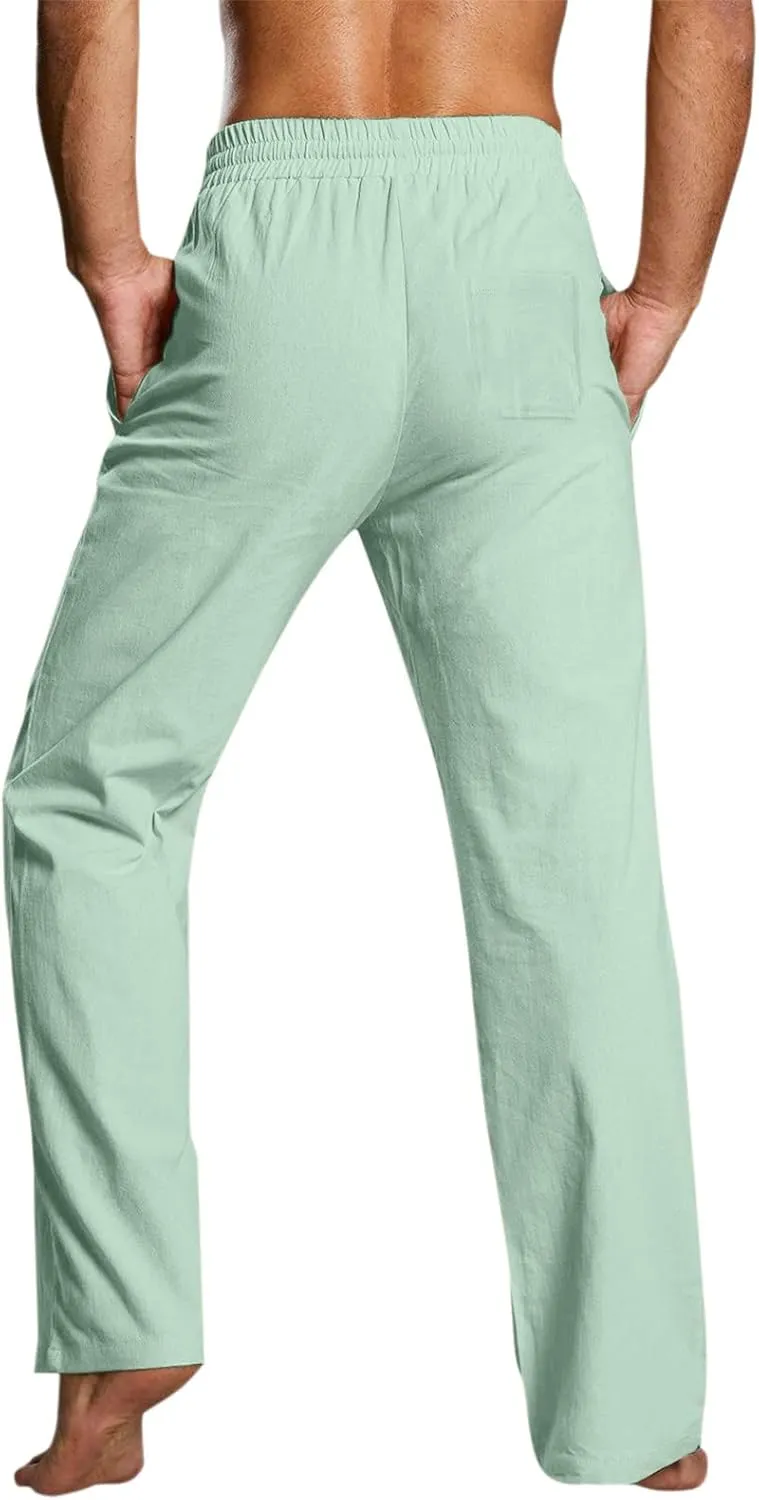 Mens Cotton Linen Casual Pants Drawstrings Elastic Waist Jogging Yoga Slacks for Men 2024 Ropa para Playa Hombre