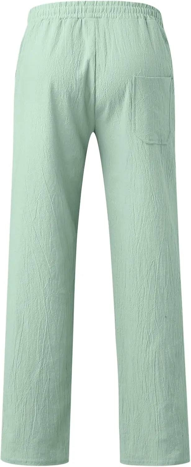 Mens Cotton Linen Casual Pants Drawstrings Elastic Waist Jogging Yoga Slacks for Men 2024 Ropa para Playa Hombre
