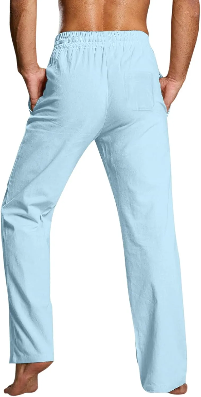 Mens Cotton Linen Casual Pants Drawstrings Elastic Waist Jogging Yoga Slacks for Men 2024 Ropa para Playa Hombre