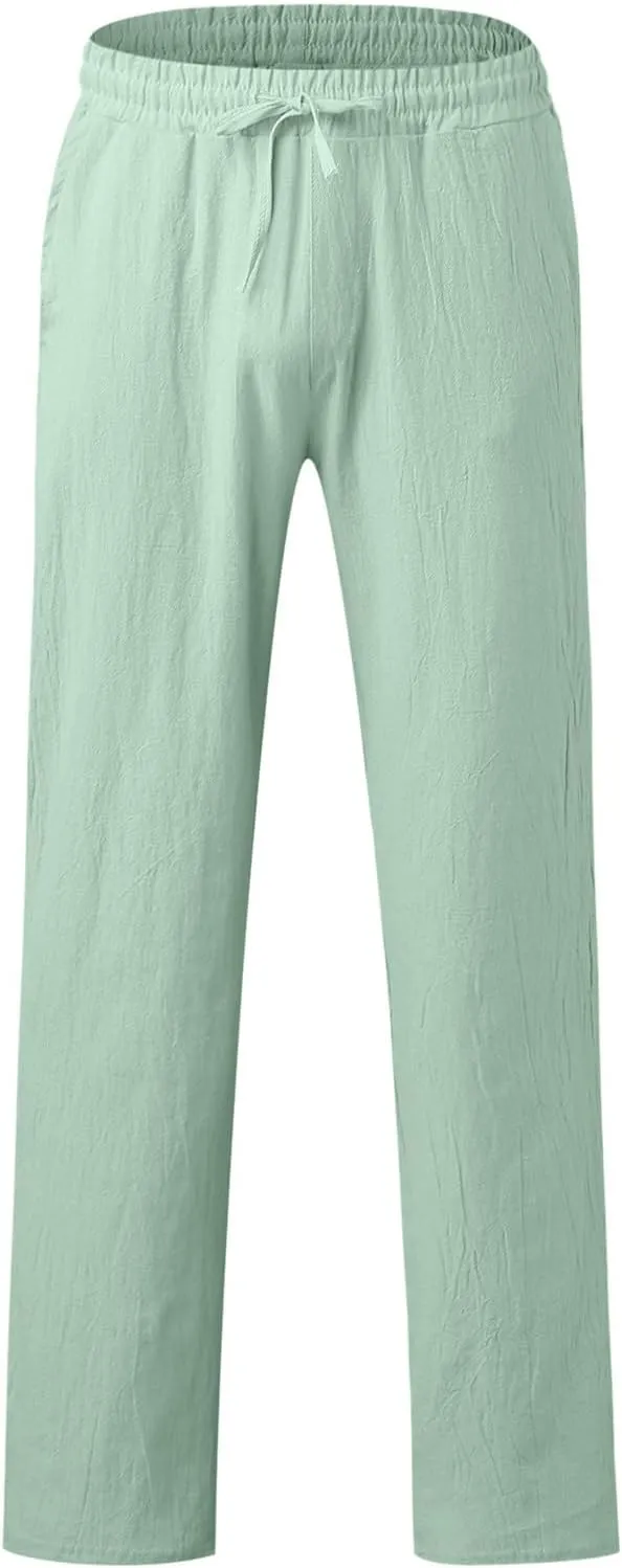 Mens Cotton Linen Casual Pants Drawstrings Elastic Waist Jogging Yoga Slacks for Men 2024 Ropa para Playa Hombre