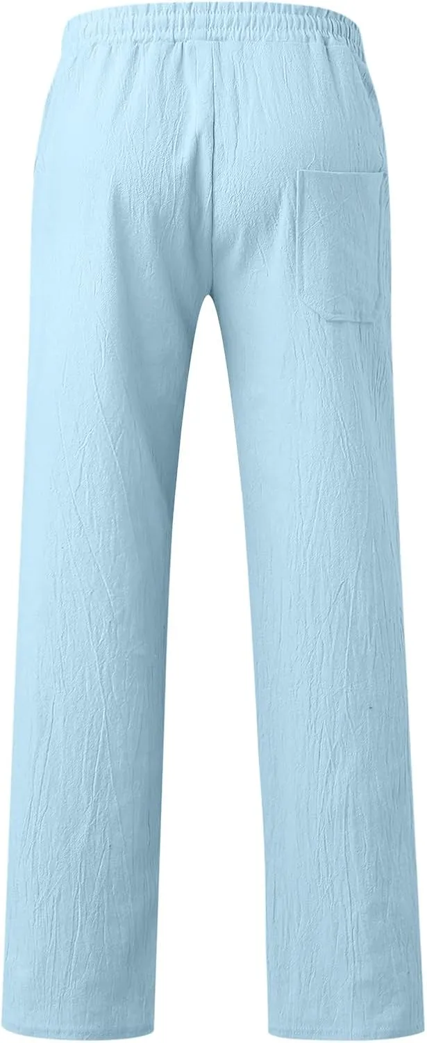 Mens Cotton Linen Casual Pants Drawstrings Elastic Waist Jogging Yoga Slacks for Men 2024 Ropa para Playa Hombre