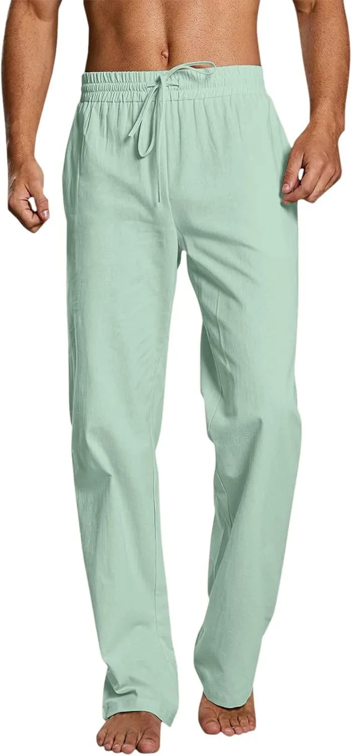 Mens Cotton Linen Casual Pants Drawstrings Elastic Waist Jogging Yoga Slacks for Men 2024 Ropa para Playa Hombre