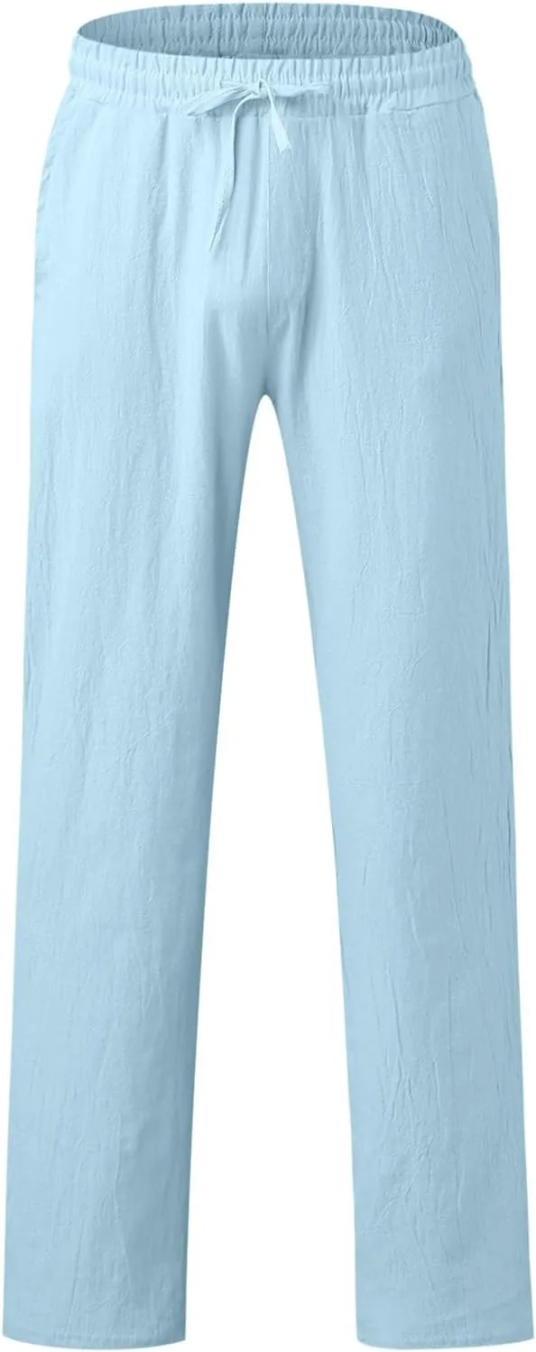 Mens Cotton Linen Casual Pants Drawstrings Elastic Waist Jogging Yoga Slacks for Men 2024 Ropa para Playa Hombre