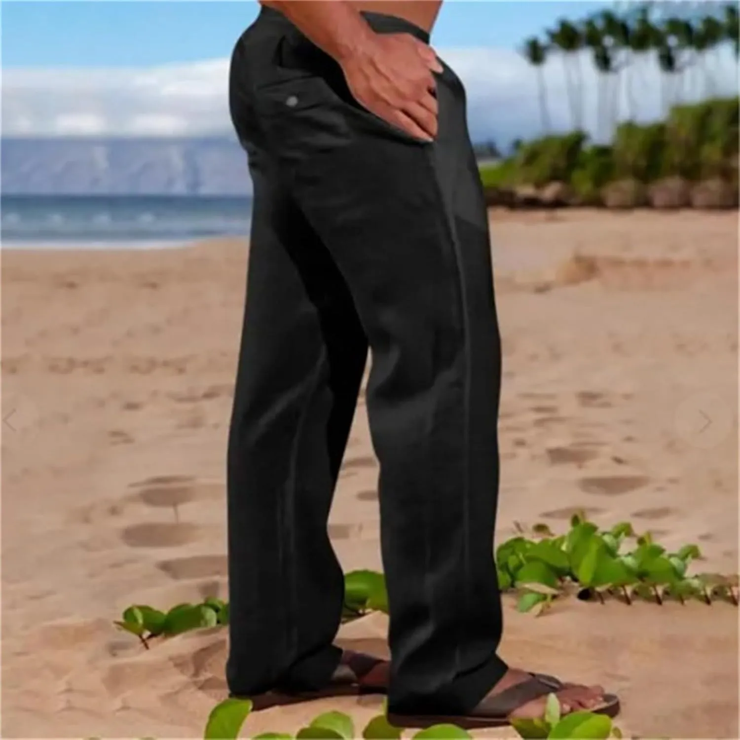 Mens Cotton Linen Pants Basic Casual Relaxed Fit Yoga Beach Sport Trousers Solid Color Breathable Elastic Drawstring