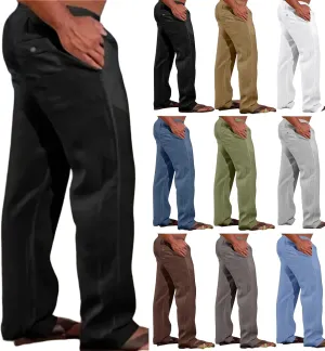 Mens Cotton Linen Pants Basic Casual Relaxed Fit Yoga Beach Sport Trousers Solid Color Breathable Elastic Drawstring