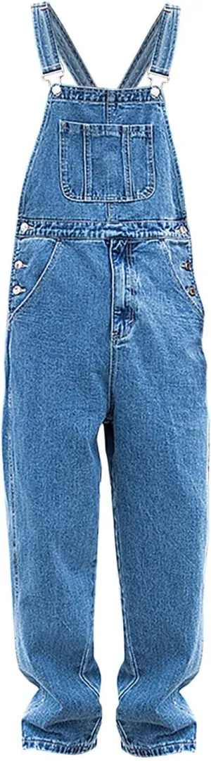 Men's Denim Bib Overall Jean Romper Trousers Cotton Relaxed Fit Pants Fashion Workwear Jumpsuit with Pockets