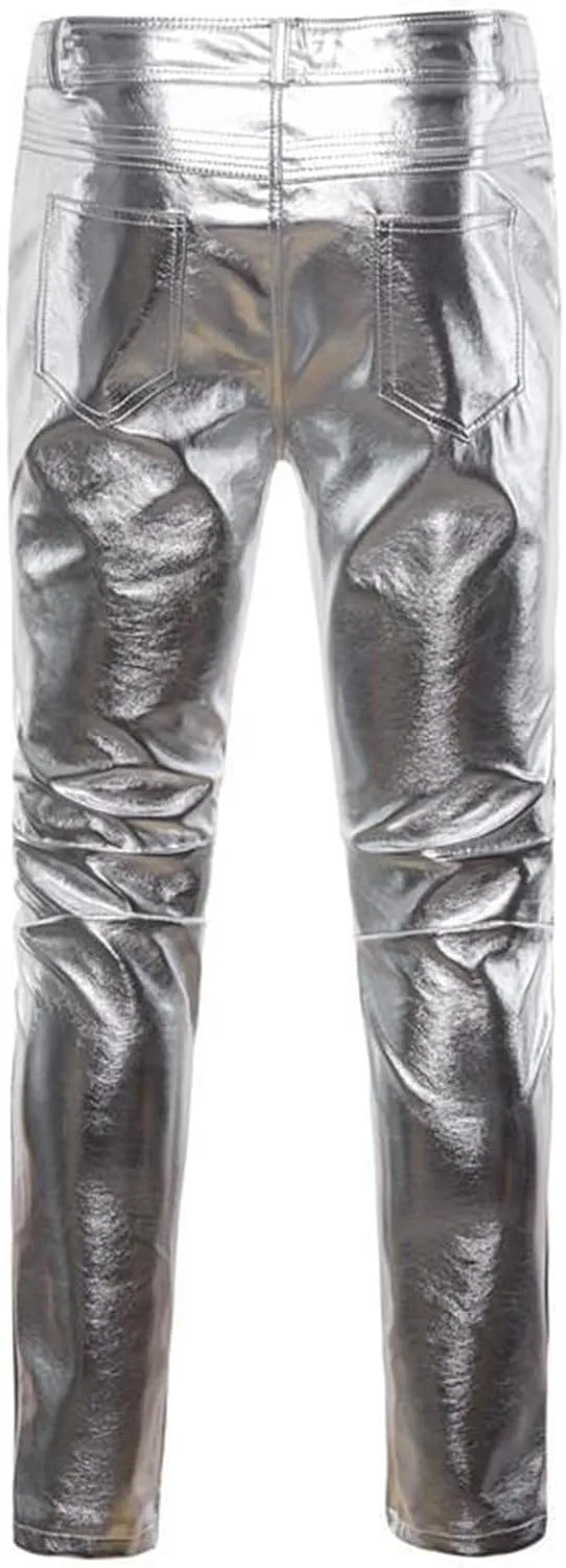 Mens Leather Pants Relaxed Fit Elastic Waist Solid Color Casual Pants Fashion Nightclub Party Performance Clothes for Men