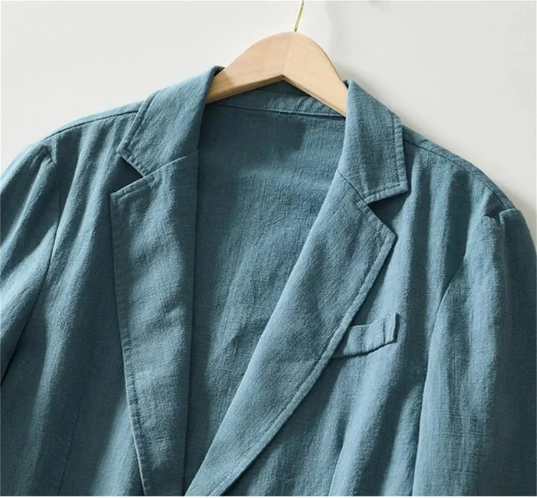 Men's Linen Cotton Blazer buttons Long Sleeve Casual Business Loose Solid Color Suit Jackets