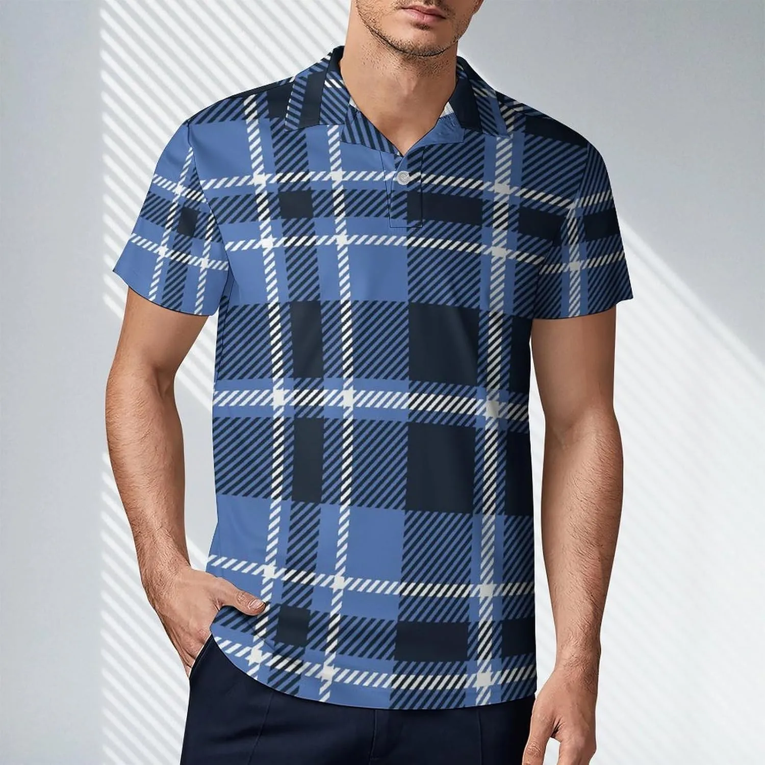Men's Navy Blue White Checkered Polo Shirts Short Sleeve Cool Golf Shirt Quick-Dry Activewear Polos