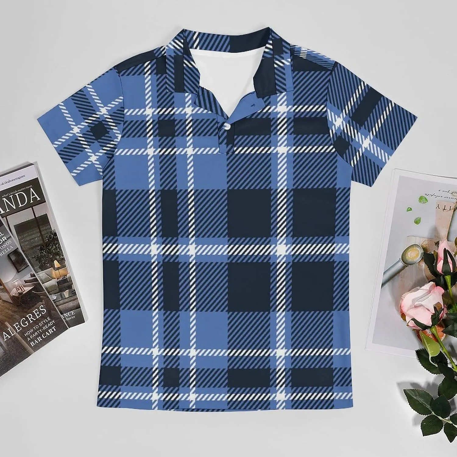 Men's Navy Blue White Checkered Polo Shirts Short Sleeve Cool Golf Shirt Quick-Dry Activewear Polos
