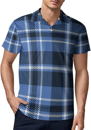 Men's Navy Blue White Checkered Polo Shirts Short Sleeve Cool Golf Shirt Quick-Dry Activewear Polos
