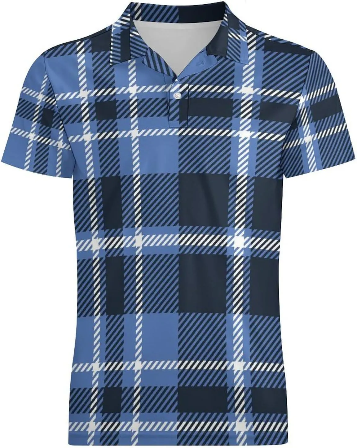 Men's Navy Blue White Checkered Polo Shirts Short Sleeve Cool Golf Shirt Quick-Dry Activewear Polos
