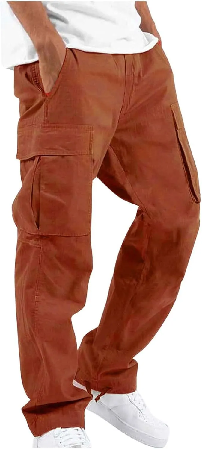 Men's Pants Drawstring Multi Pocket Casual Pants Hiking Cotton Twill Combat Pants Khaki Mens Relaxed Fit