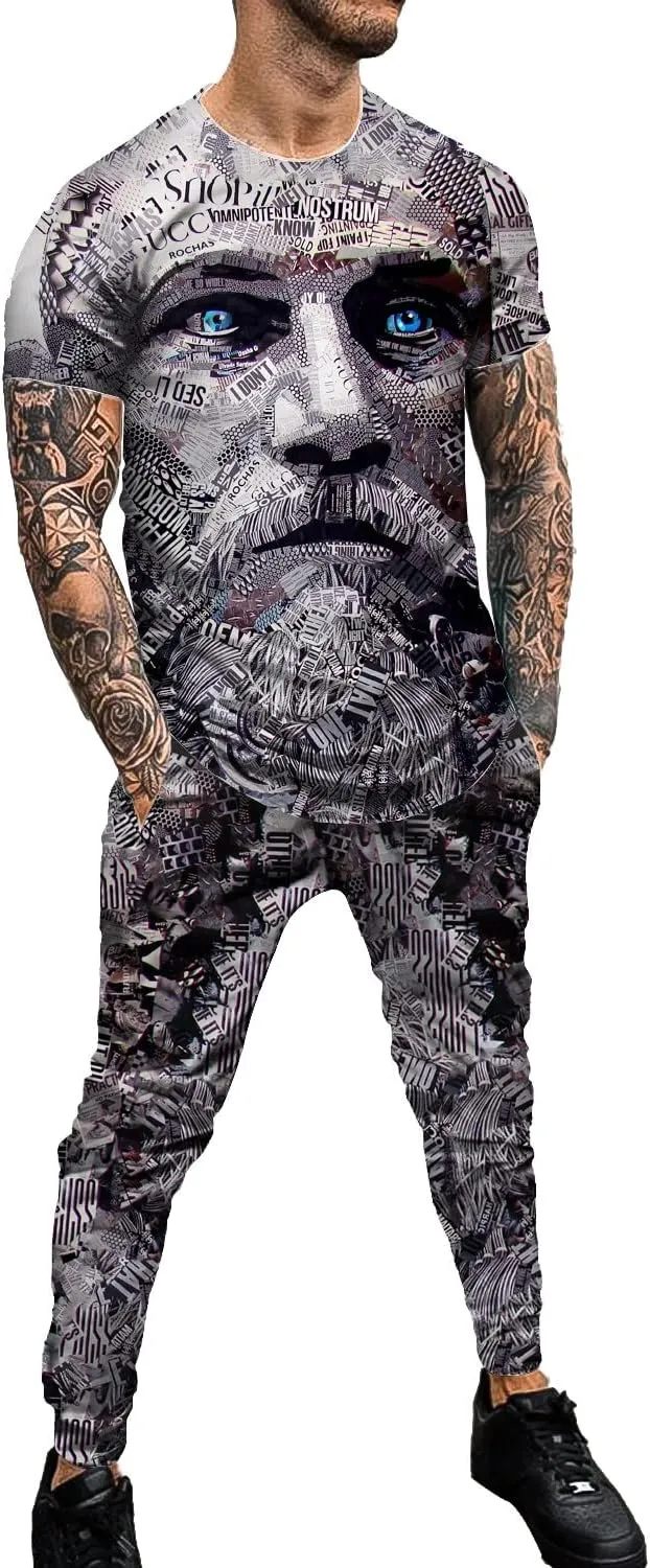 Men's Personality Printed Sportswear Suit Jogging Gym Sportswear Two-Piece Set