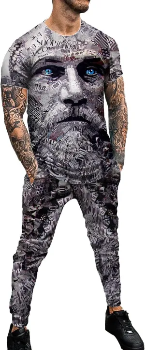 Men's Personality Printed Sportswear Suit Jogging Gym Sportswear Two-Piece Set